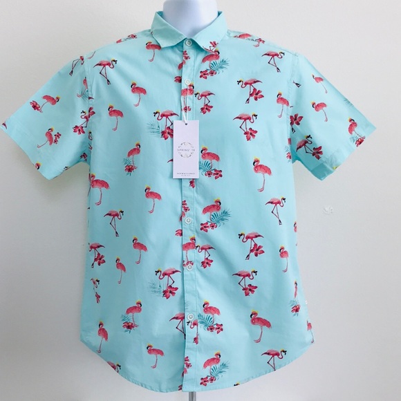 Denim & Flower Other - Denim & Flower Turquoise Pink Flamingo print shirt
